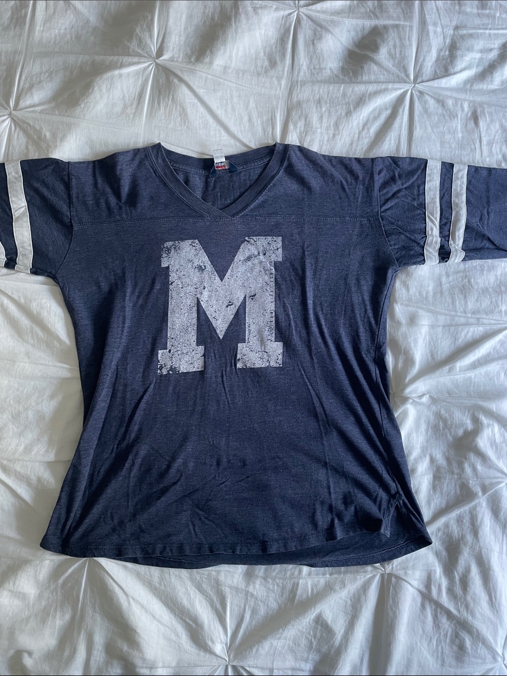 MV Sport Navy V-Neck Tee with White 'M' and Sleeve Stripes